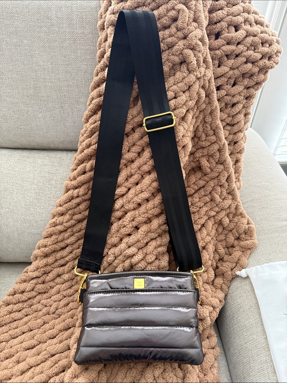 Think Royln Bum Bag 2.0- Shiny Brown Crossbody Bag with Wide Black Strap